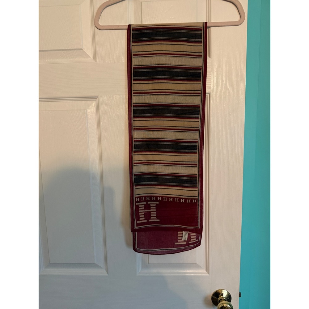 Renzo Made in Italy Striped Scarf Burgundy Navy Tan H Logo Polyester Accessory